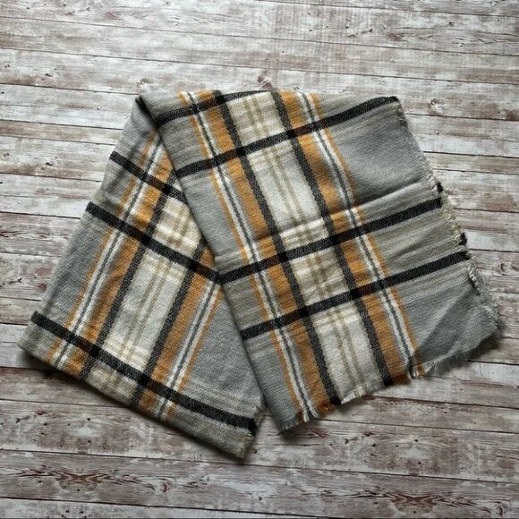 Black, Grey and Yellow Plaid Rectangle Blanket Scarf - Picture 1 of 2